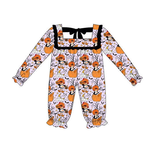 (Pre-order)LR2290 Pumpkin Girl Bat Print Baby Girls Halloween Romper