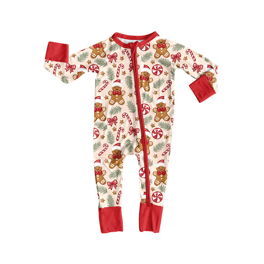 (Pre-order)LR2291 Gingerbread Candy Cane Print Baby Christmas Zipper Sleeper Romper