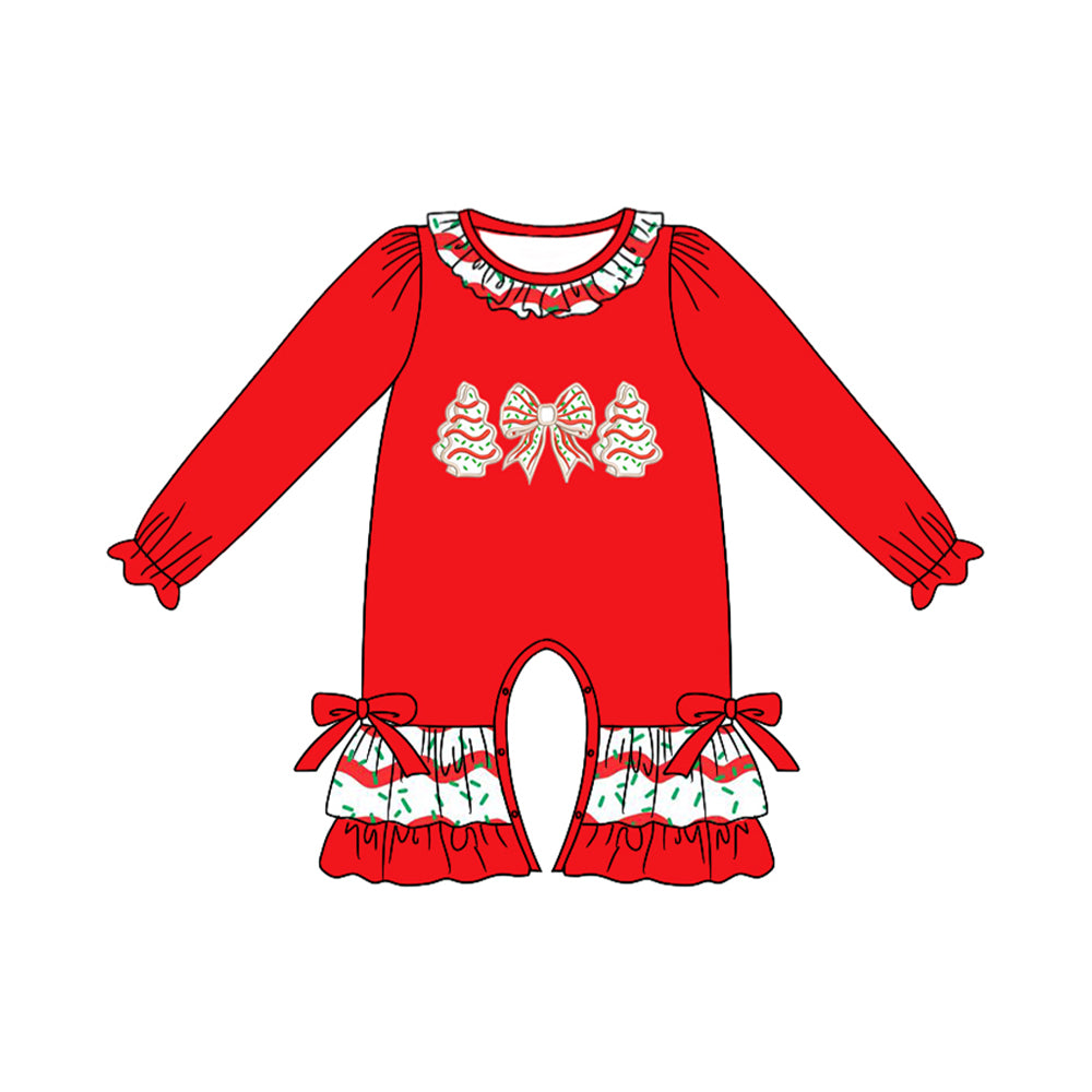 (Pre-order)LR2294 Debbie Cake Bows Red Print Baby Girls Christmas Romper