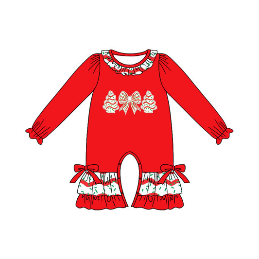 (Pre-order)LR2294 Debbie Cake Bows Red Print Baby Girls Christmas Romper