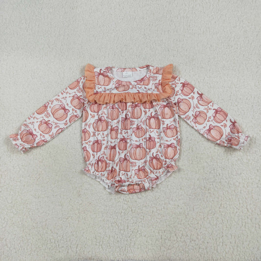 LR2295 Pumpkin Bows Print Baby Girls Fall Bubble Romper