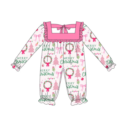 (Pre-order)LR2297 Merry Christmas Holly Bows Print Baby Girls Christmas Romper
