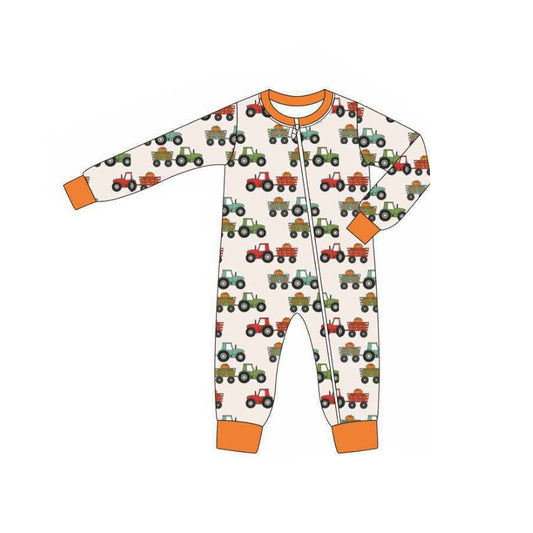 (Pre-order)LR2304 Tractors Pumpkin Print Baby Boys Fall Zipper Sleeper Romper