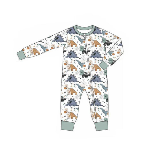 (Pre-order)LR2305 Dino Pumpkin Print Baby Boys Halloween Zipper Sleeper Romper