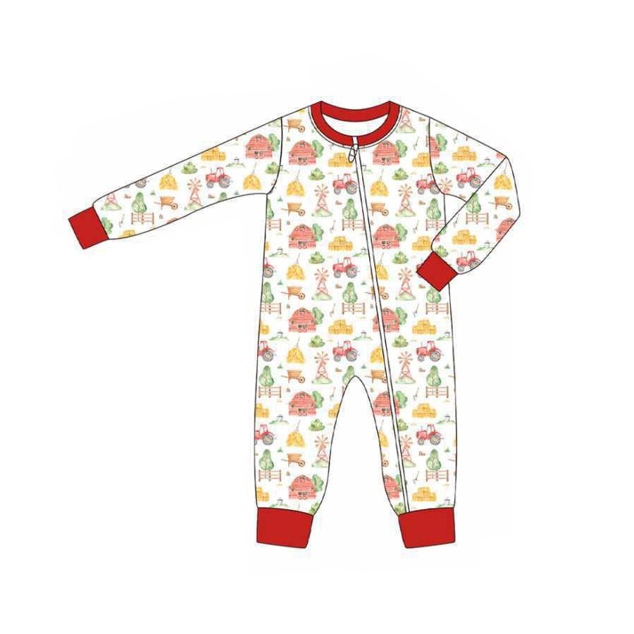 (Pre-order)LR2306 Farm Print Baby Boys Fall Zipper Sleeper Romper