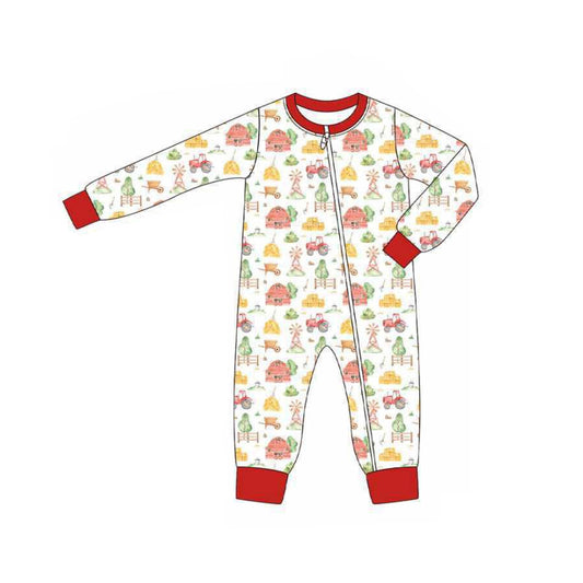 (Pre-order)LR2306 Farm Print Baby Boys Fall Zipper Sleeper Romper