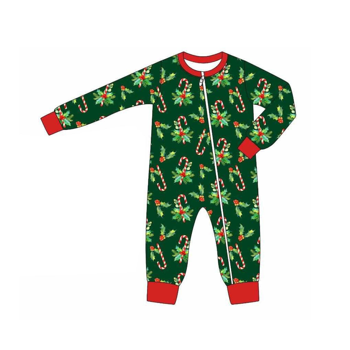 (Pre-order)LR2317 Candy Cane Holly Print Baby Boys Christmas Zipper Sleeper Romper