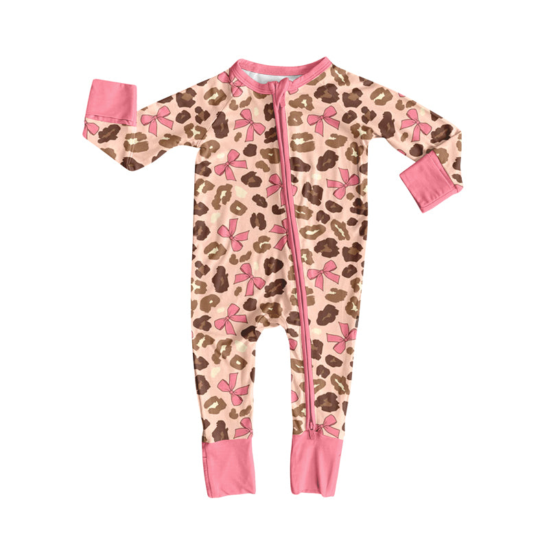 (Pre-order)LR2326 Leopard Bows Baby Girls Fall Zipper Sleeper Romper