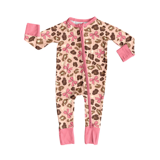 (Pre-order)LR2326 Leopard Bows Baby Girls Fall Zipper Sleeper Romper