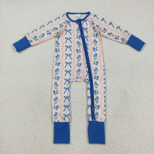 LR2327 Flowers Bows Blue Print Baby Girls Long Sleeve Zipper Sleeper Romper