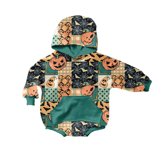 (Pre-order)LR2328 Pumpkin Plaid Print Baby Boys Halloween Hoodie Romper