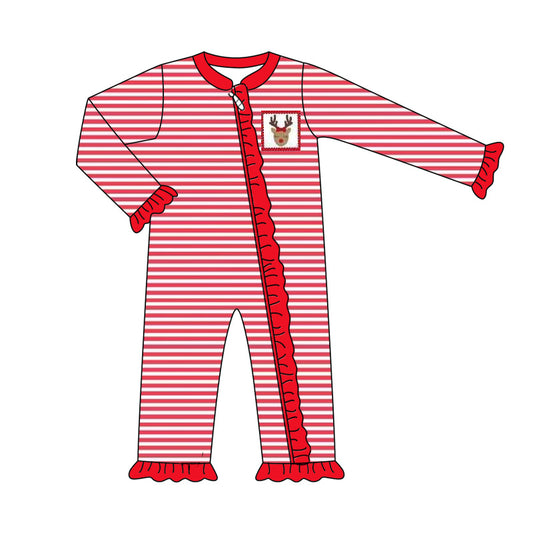 (Pre-order)LR2329 Deer Red Stripes Baby Girls Christmas Zipper Sleeper Romper