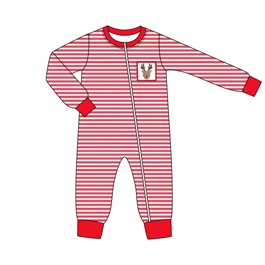 (Pre-order)LR2330 Deer Red Stripes Baby Boys Christmas Zipper Sleeper Romper
