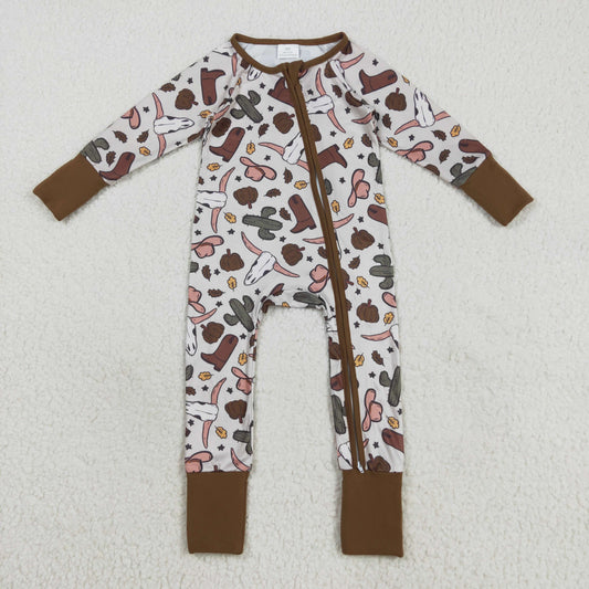 LR2334 Pumpkin Western Print Baby Boys Fall Zipper Sleeper Romper
