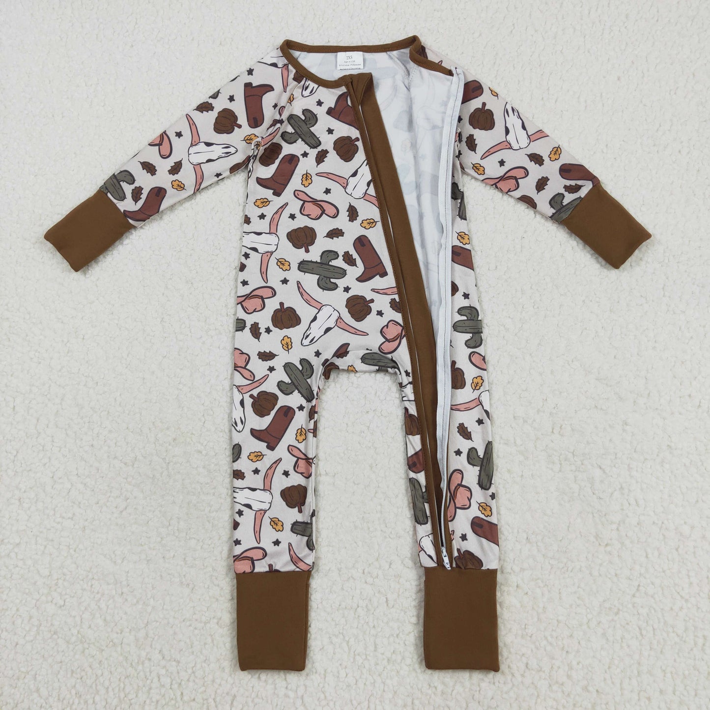 LR2334 Pumpkin Western Print Baby Boys Fall Zipper Sleeper Romper