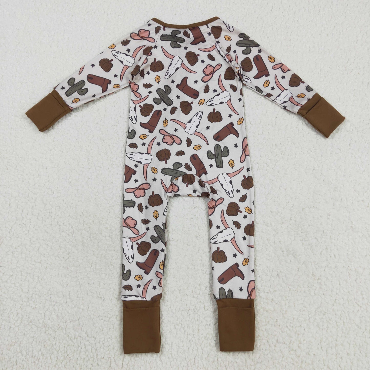 LR2334 Pumpkin Western Print Baby Boys Fall Zipper Sleeper Romper