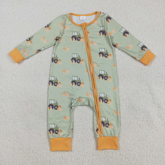 LR2335 Tractors Pumpkin Print Baby Boys Fall Zipper Sleeper Romper