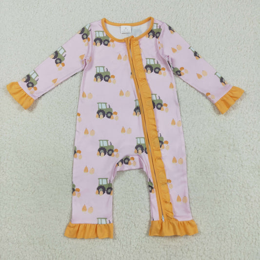 LR2336 Tractors Pumpkin Print Baby Girls Fall Zipper Sleeper Romper