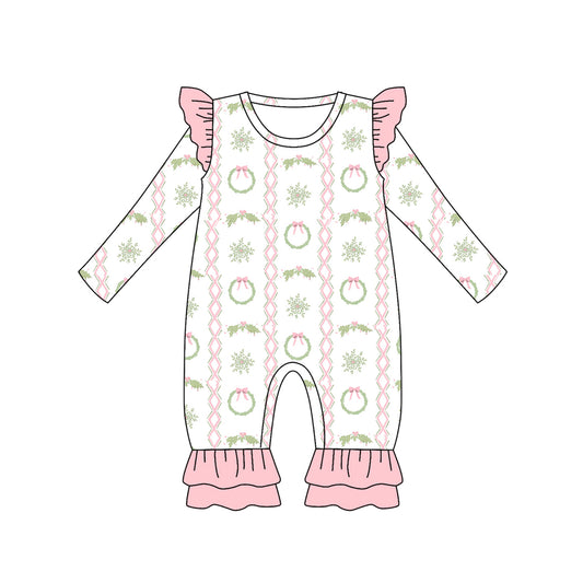 (Pre-order)LR2339 Holly Pink Print Baby Girls Christmas Romper