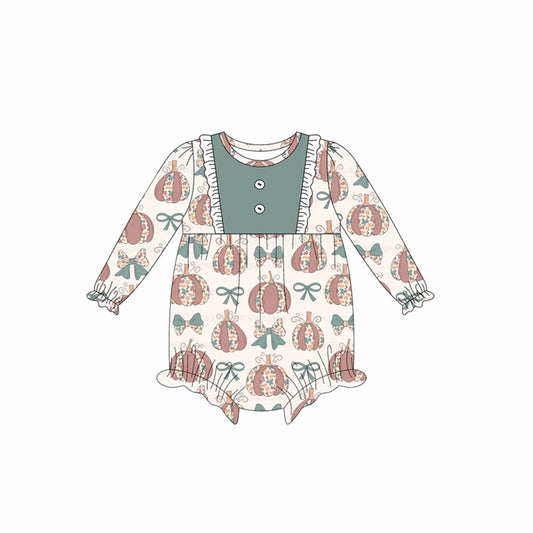 (Pre-order)LR2346 Pumpkin Bows Baby Girls Fall Romper
