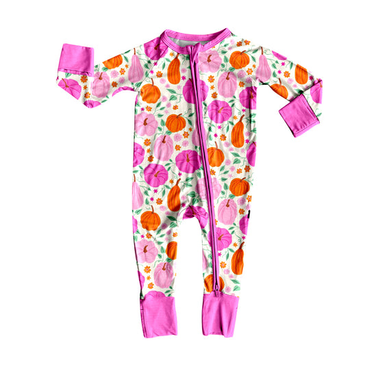 (Pre-order)LR2348 Pumpkin Flowers Print Baby Girls Fall Zipper Sleeper Romper