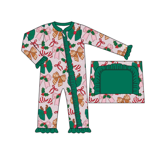 (Pre-order)LR2353 Red Green Bows Holly Print Baby Girls Christmas Zipper Sleeper Romper