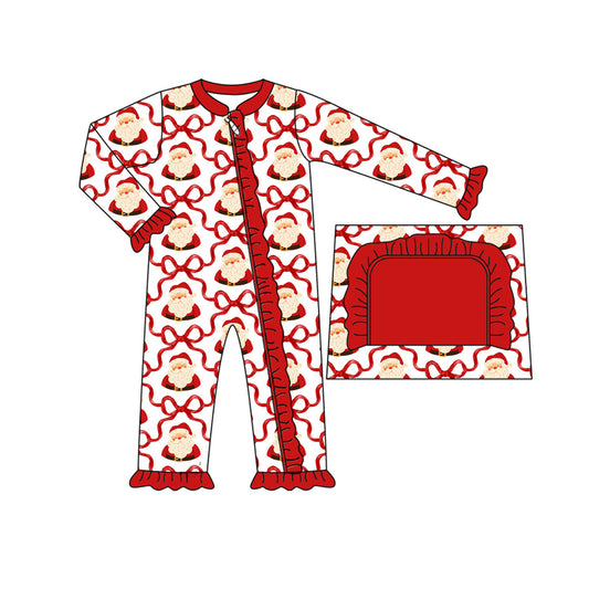 (Pre-order)LR2354 Santa Bows Print Baby Girls Christmas Zipper Sleeper Romper