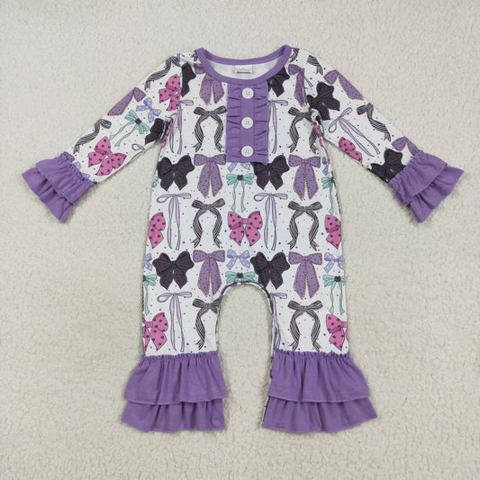 LR2355 Cat Web Purple Bows Baby Girls Halloween Romper