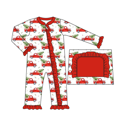 (Pre-order)LR2356 Trucks Tree Print Baby Girls Christmas Zipper Sleeper Romper