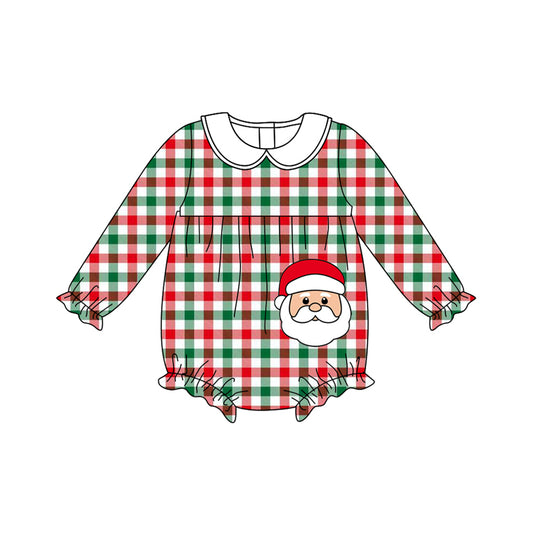 (Pre-order)LR2357 Santa Plaid Print Baby Girls Christmas Romper