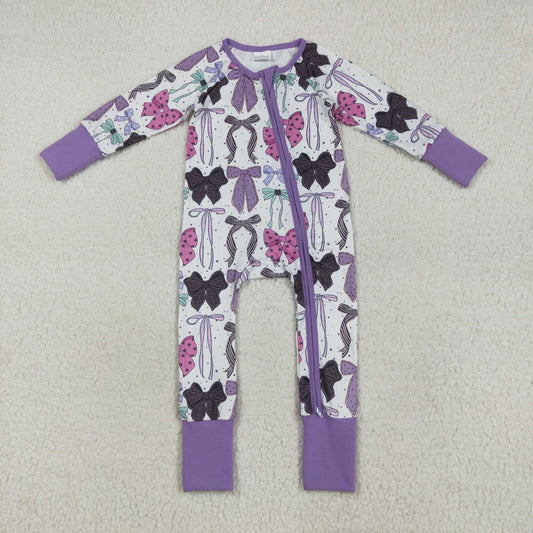 LR2358 Cat Purple Bows Print Baby Girls Halloween Zipper Sleeper Romper