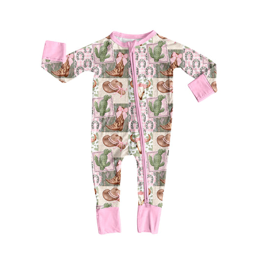(Pre-order)LR2359 Boots Hat Cactus Western Print Baby Girls Fall Zipper Sleeper Romper