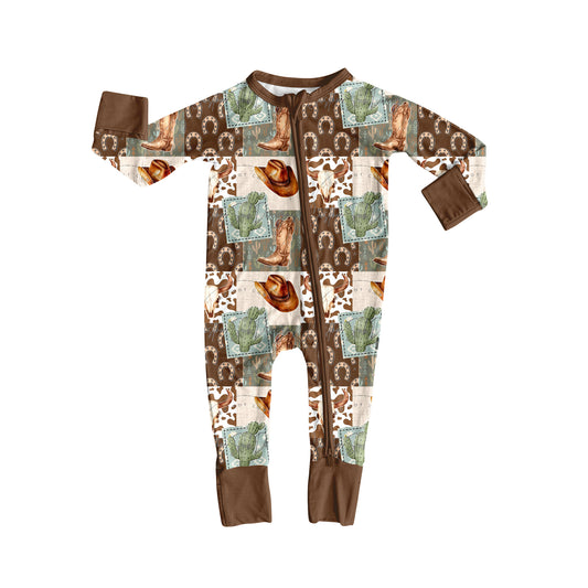 (Pre-order)LR2360 Boots Hat Cactus Western Print Baby Boys Fall Zipper Sleeper Romper