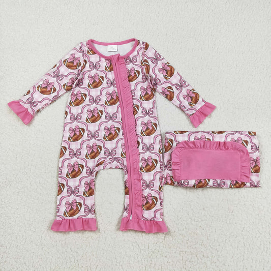 LR2361 Football Bows Print Baby Girls Fall Zipper Sleeper Romper