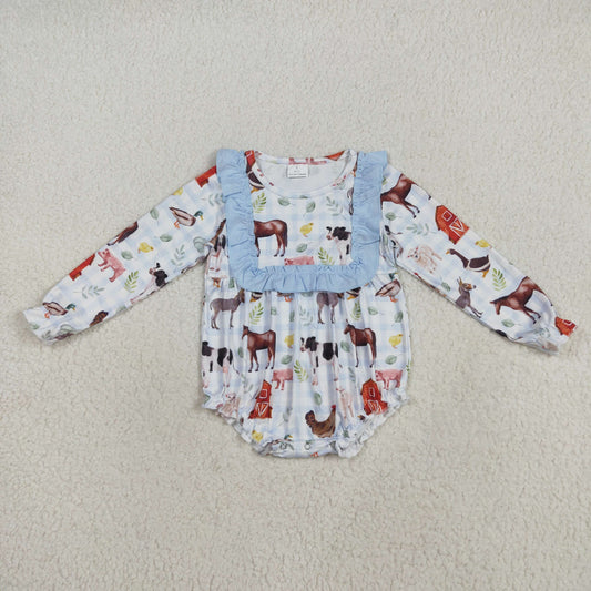 LR2362 Farm Animals Print Baby Girls Fall Bubble Romper