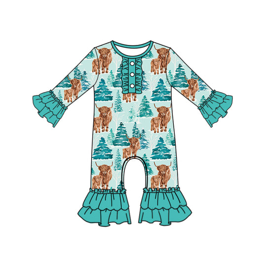 (Pre-order)LR2363 Highland Cow Tree Print Baby Girls Fall Romper
