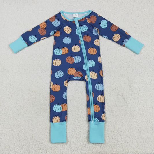LR2364 Pumpkin Print Baby Boys Fall Zipper Sleeper Romper