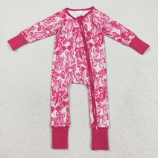 LR2365 Hot Pink Bows Print Baby Girls Fall Zipper Sleeper Romper