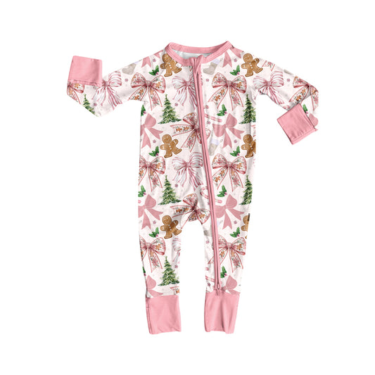 (Pre-order)LR2368 Gingerbread Bows Print Baby Girls Christmas Zipper Sleeper Romper