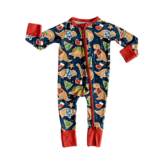 (Pre-order)LR2369 Dino Gingerbread Print Baby Boys Christmas Zipper Sleeper Romper