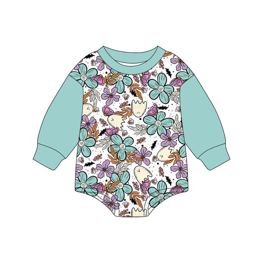 (Pre-order)LR2371 Ghost Flowers Bat Print Baby Girls Halloween Romper