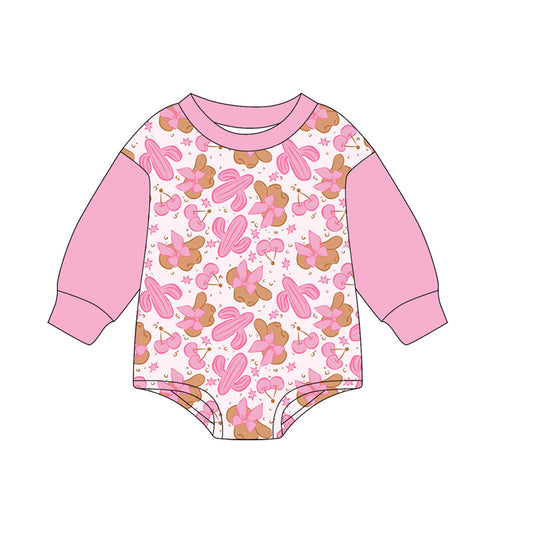 (Pre-order)LR2372 Cherry Hat Cactus Pink Bows Print Baby Girls Western Romper