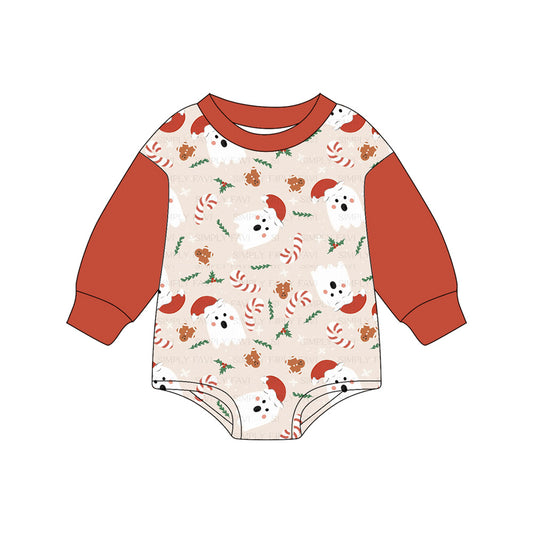 (Pre-order)LR2374 Gingerbread Holly Candy Cane Print Baby Christmas Romper