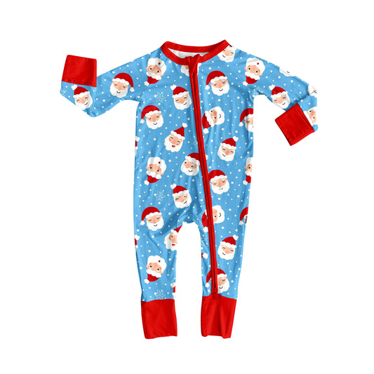 (Pre-order)LR2377 Santa Blue Print Baby Boys Christmas Zipper Sleeper Romper