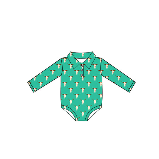(Pre-order)LR2378 Cow Skull Green Print Baby Boys Fall Western Romper