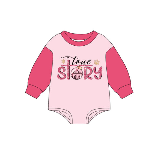 (Pre-order)LR2381 True Story Nativity Print Baby Girls Christmas Romper