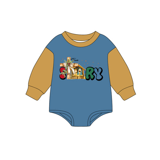 (Pre-order)LR2382 True Story Nativity Print Baby Boys Christmas Romper
