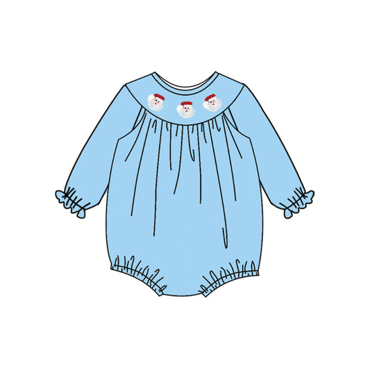 (Pre-order)LR2383 Santa Blue Print Baby Girls Christmas Smocked Romper