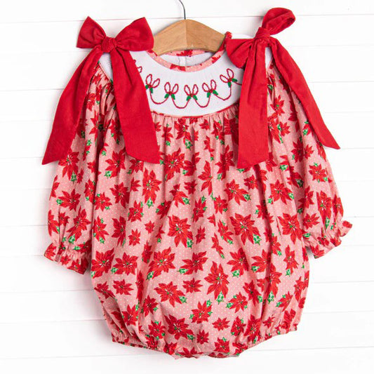 (Pre-order)LR2386 Holly Bows Print Baby Girls Christmas Bubble Romper