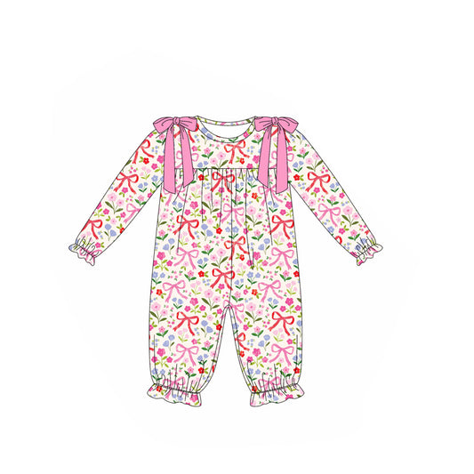 (Pre-order)LR2387 Colorful Flowers Bows Print Baby Girls Spring Romper